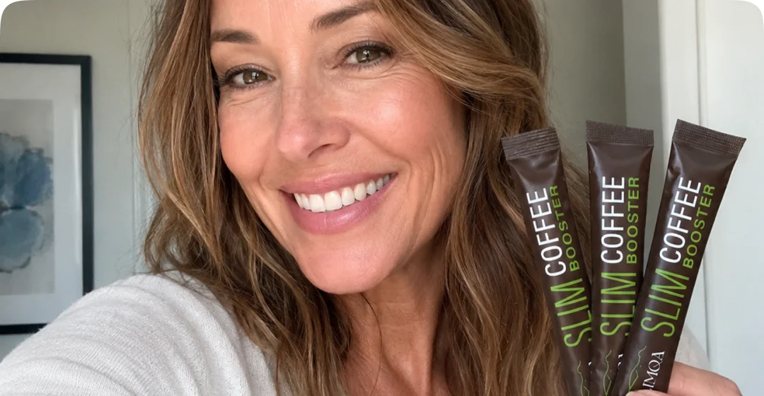 Frau hält drei geschlossene Slimqa Slim Coffee Booster Sticks
